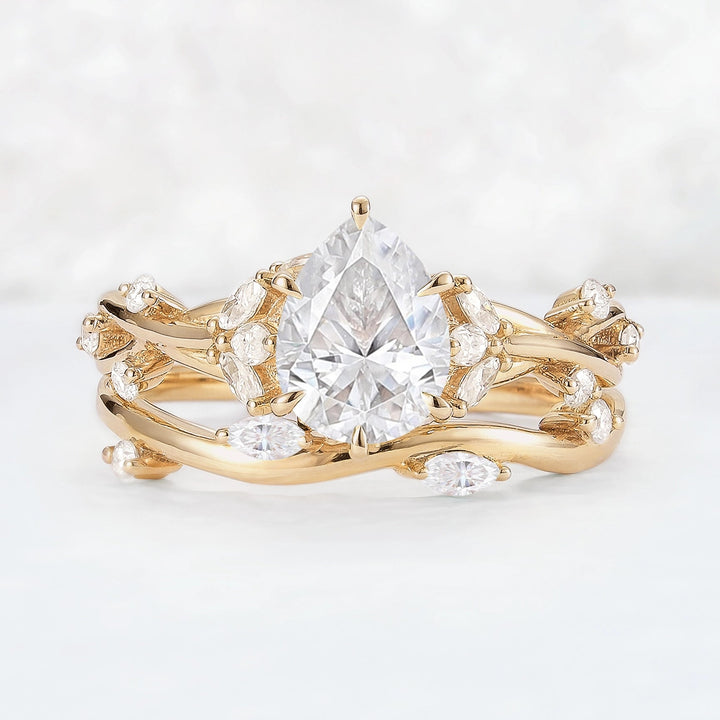 Unique Pear Cut Moissanite Vine Gemstone Ring Set 2pcs