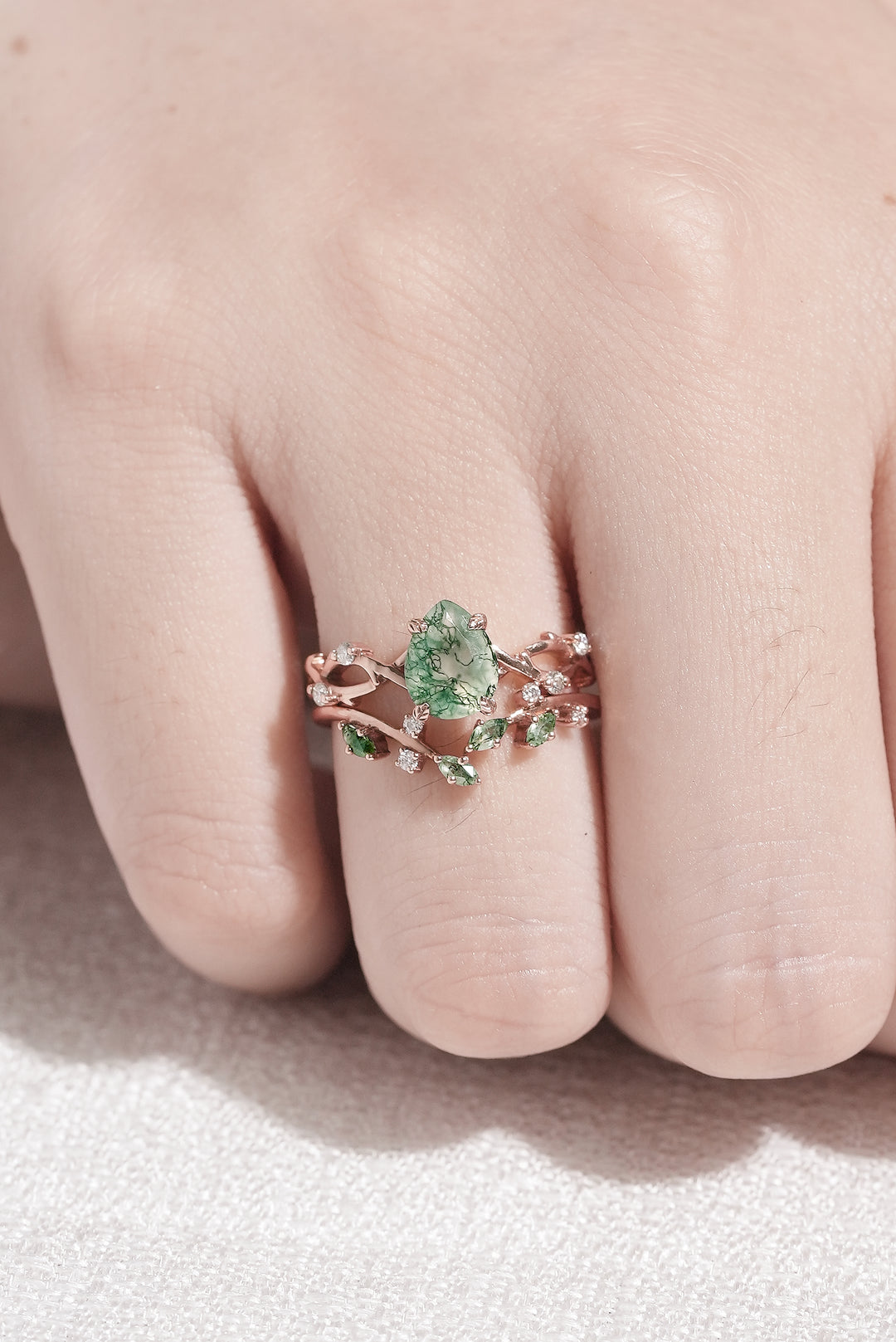Unique Pear Cut Moss Agate Leaf and Vine Engagement Ring Set 2pcs