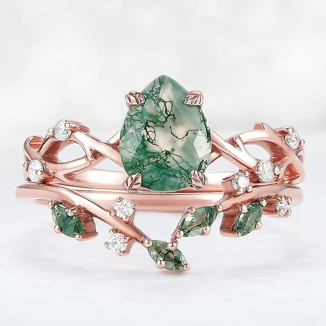 Unique Pear Cut Moss Agate Leaf and Vine Engagement Ring Set 2pcs