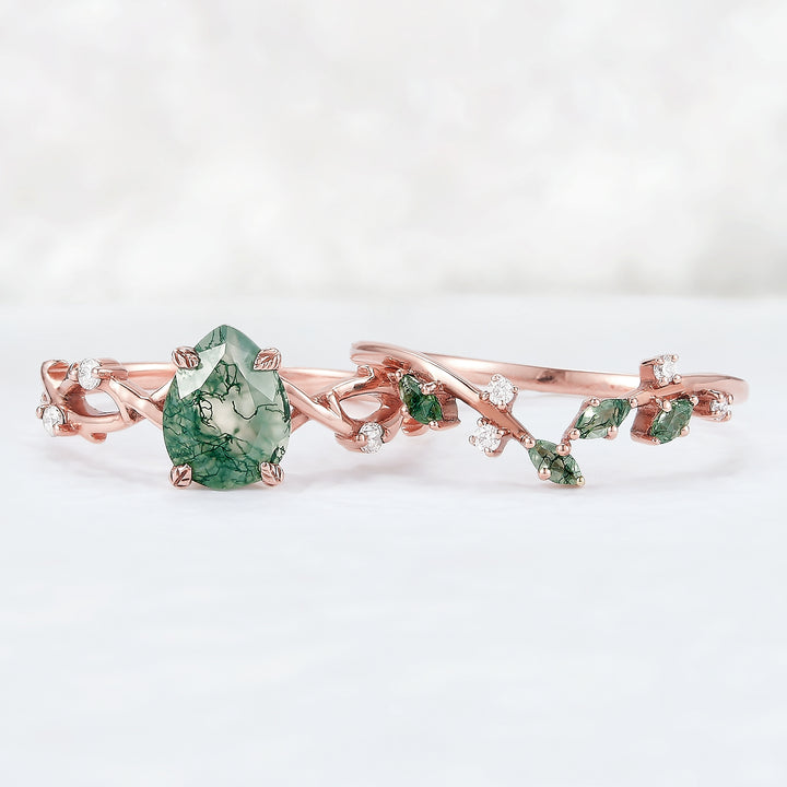 Unique Pear Cut Moss Agate Leaf and Vine Engagement Ring Set 2pcs