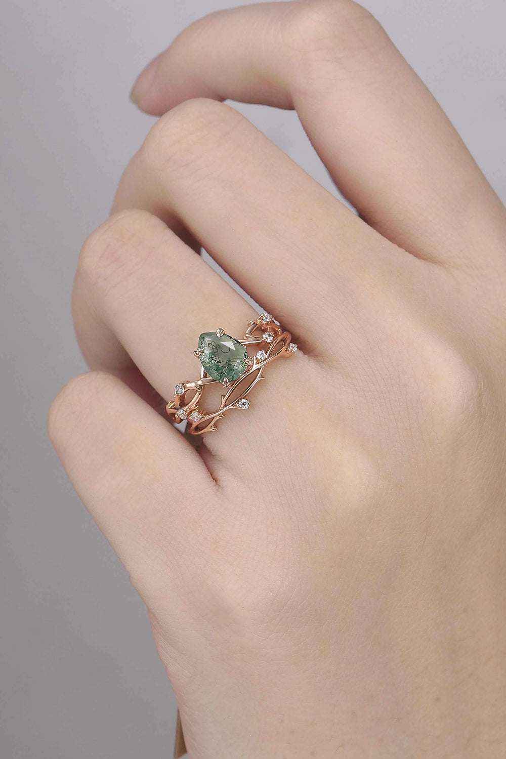 Unique Pear Cut Moss Agate Leaf and Vine Gemstone Ring Set 2pcs