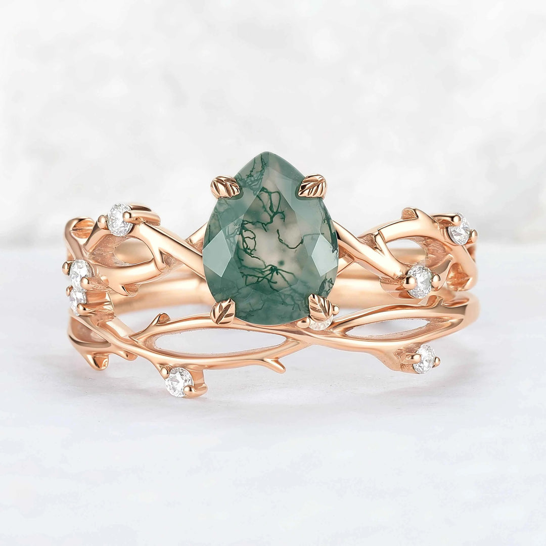 Unique Pear Cut Moss Agate Leaf and Vine Gemstone Ring Set 2pcs