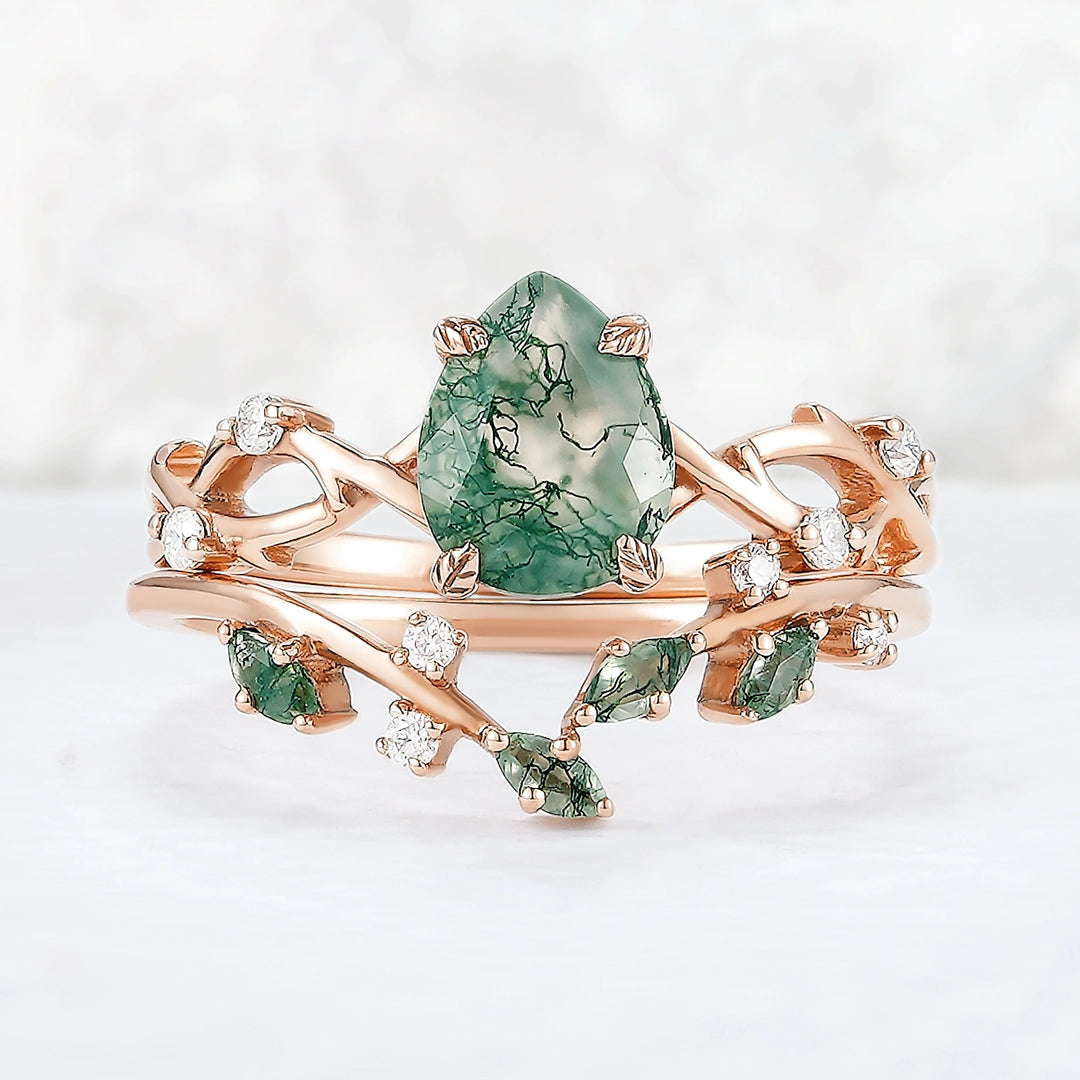 Unique Pear Cut Moss Agate Leaf and Vine Ring Set 2pcs