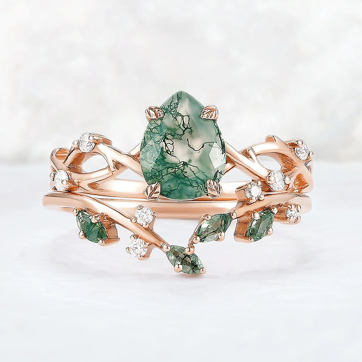 Unique Pear Cut Moss Agate Leaf and Vine Ring Set 2pcs