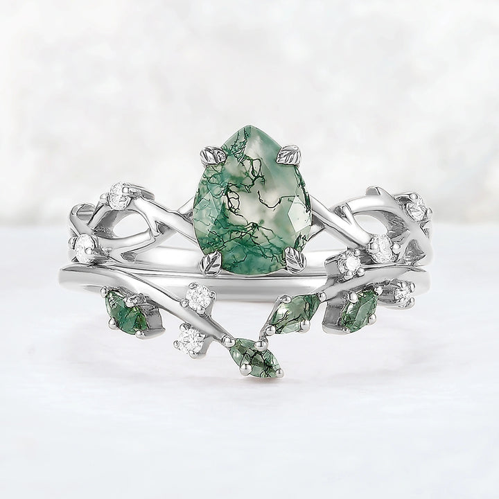 Unique Pear Cut Moss Agate Leaf and Vine Ring Set 2pcs