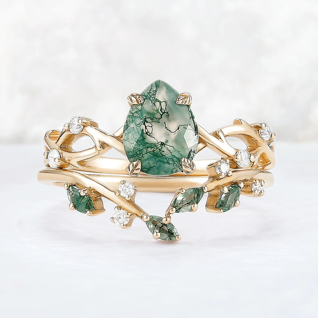 Unique Pear Cut Moss Agate Leaf and Vine Ring Set 2pcs
