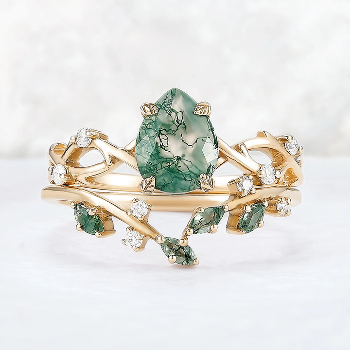 Unique Pear Cut Moss Agate Leaf and Vine Ring Set 2pcs