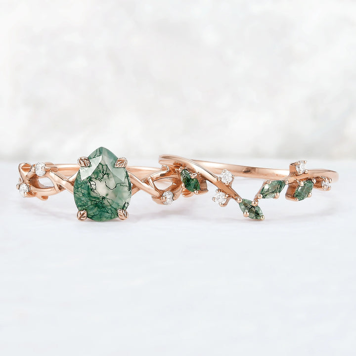 Unique Pear Cut Moss Agate Leaf and Vine Ring Set 2pcs
