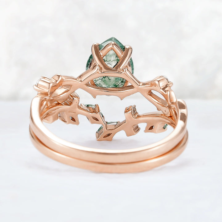 Unique Pear Cut Moss Agate Leaf and Vine Ring Set 2pcs