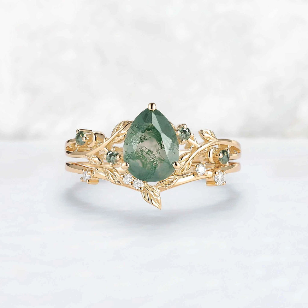 Unique Pear Cut Moss Agate Leafy Engagement Ring Set 2pcs