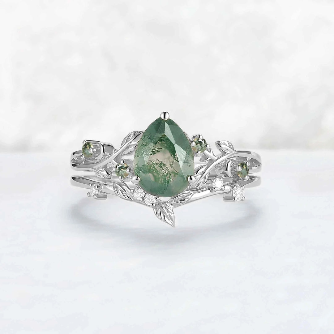 Unique Pear Cut Moss Agate Leafy Engagement Ring Set 2pcs