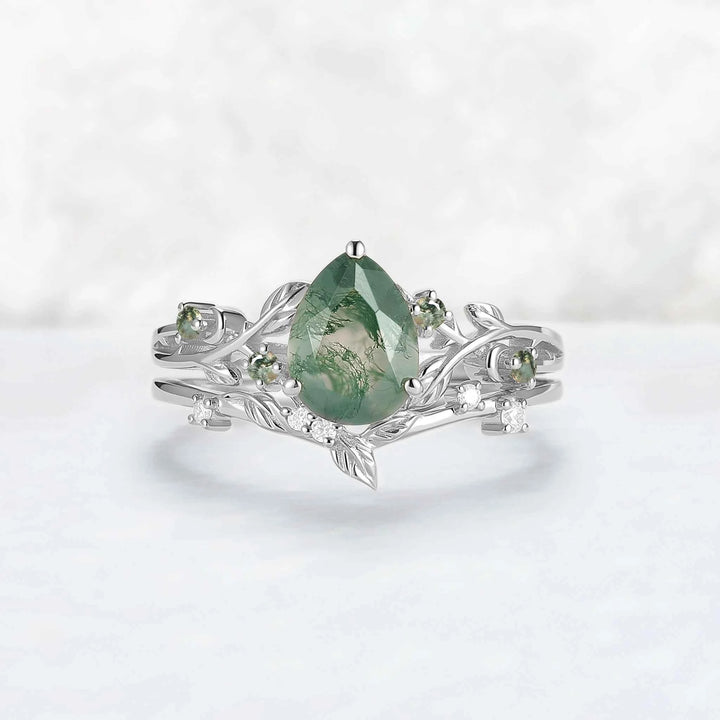 Unique Pear Cut Moss Agate Leafy Engagement Ring Set 2pcs