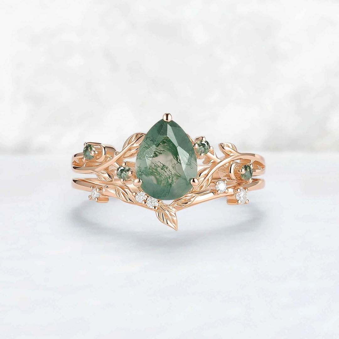 Unique Pear Cut Moss Agate Leafy Engagement Ring Set 2pcs