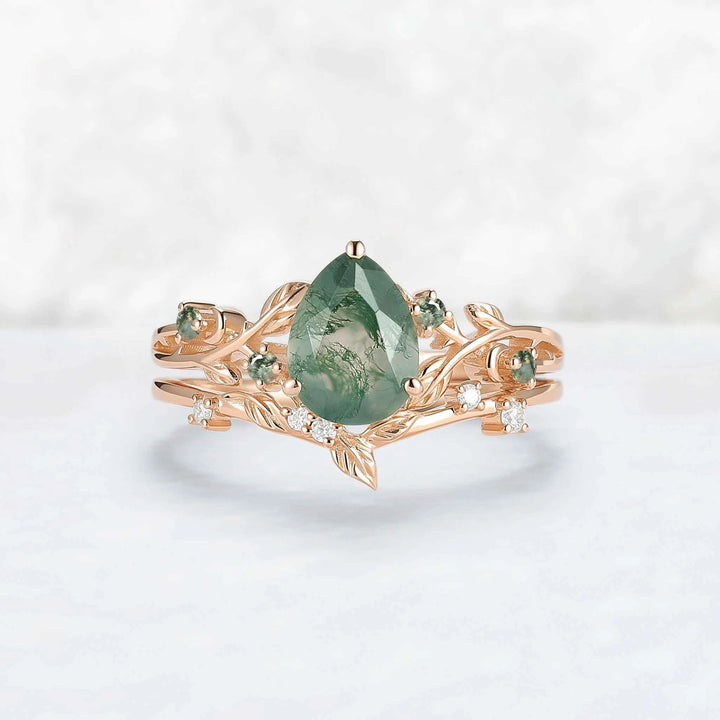 Unique Pear Cut Moss Agate Leafy Engagement Ring Set 2pcs