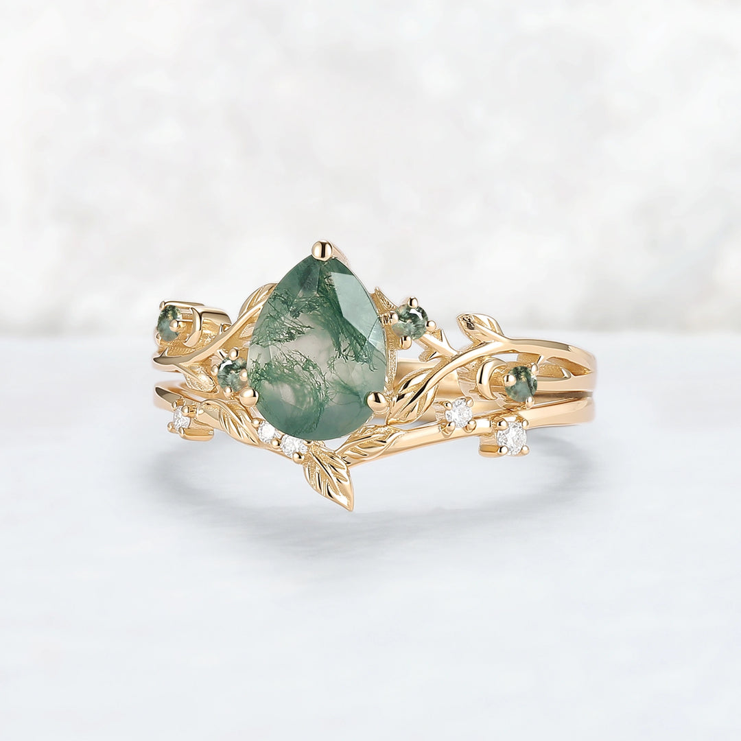 Unique Pear Cut Moss Agate Leafy Engagement Ring Set 2pcs