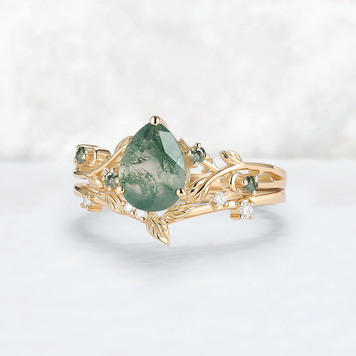 Unique Pear Cut Moss Agate Leafy Engagement Ring Set 2pcs