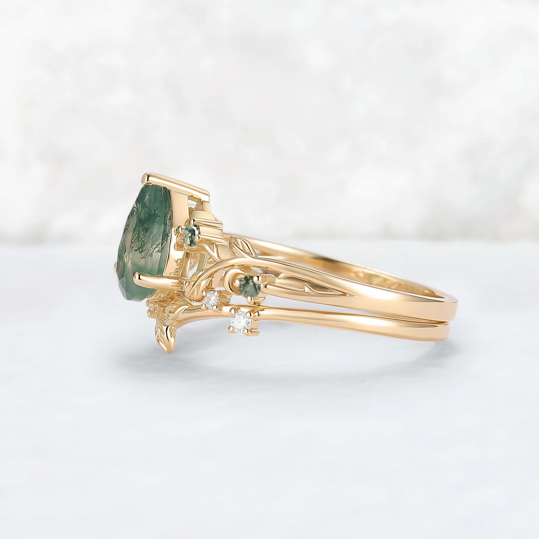 Unique Pear Cut Moss Agate Leafy Engagement Ring Set 2pcs