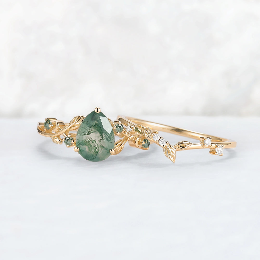 Unique Pear Cut Moss Agate Leafy Engagement Ring Set 2pcs