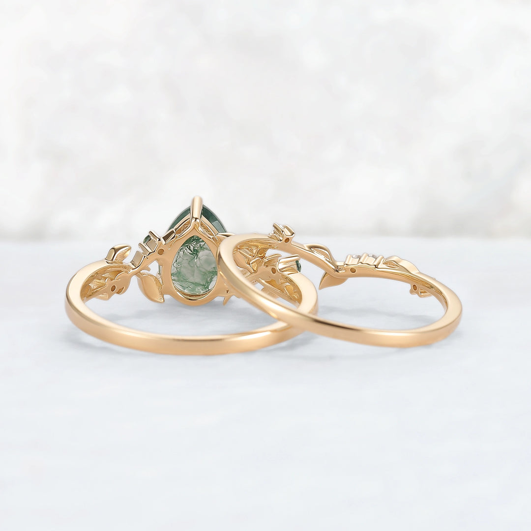 Unique Pear Cut Moss Agate Leafy Engagement Ring Set 2pcs