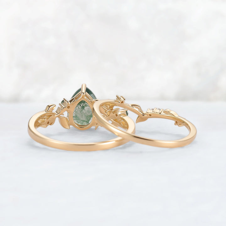 Unique Pear Cut Moss Agate Leafy Engagement Ring Set 2pcs