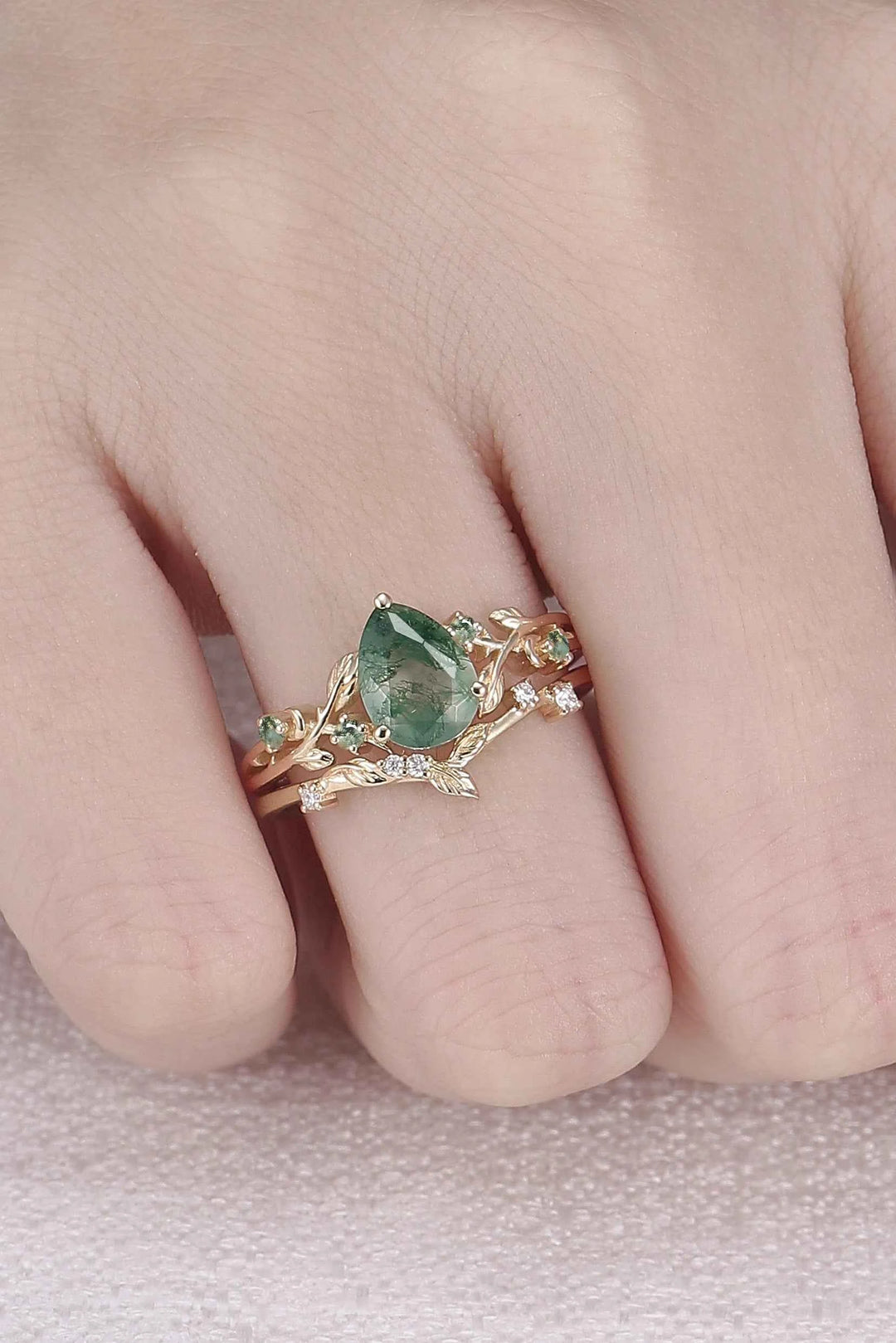 Unique Pear Cut Moss Agate Leafy Engagement Ring Set 2pcs
