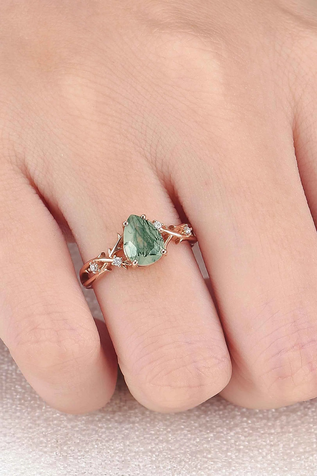 Unique Pear Cut Moss Agate Moissanite Vine Engagement Ring
