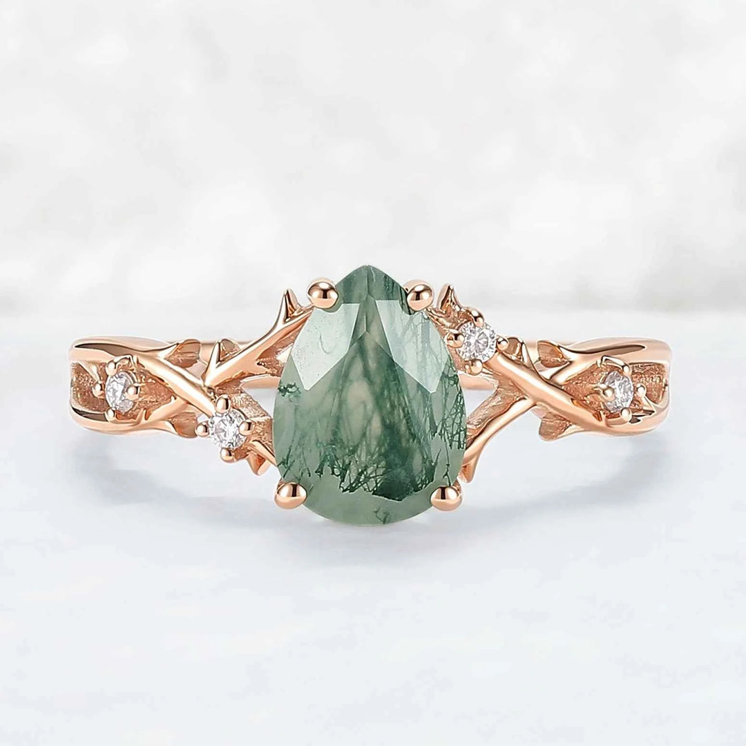 Unique Pear Cut Moss Agate Moissanite Vine Engagement Ring