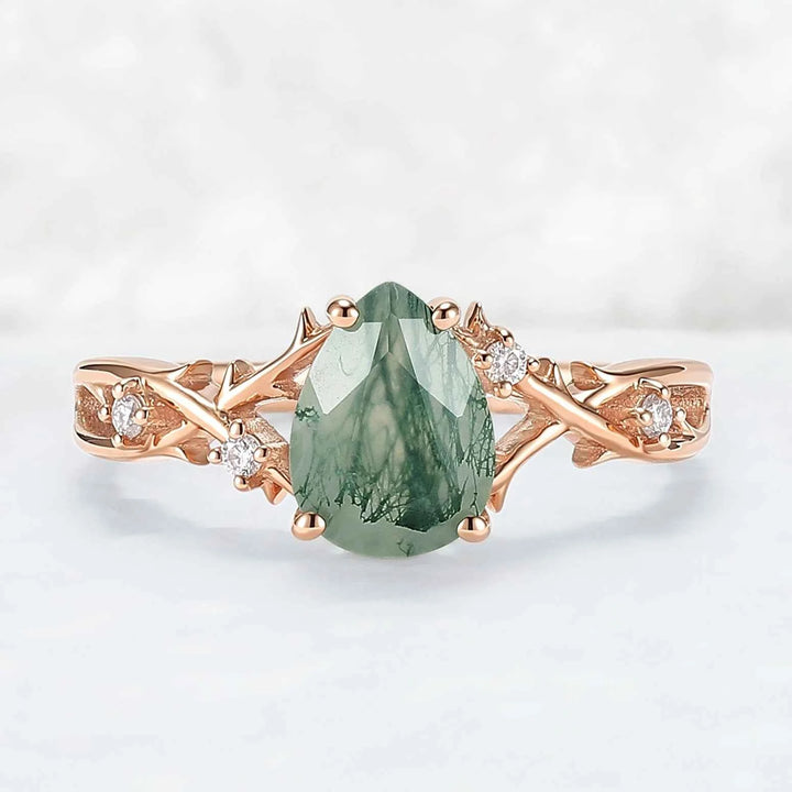 Unique Pear Cut Moss Agate Moissanite Vine Engagement Ring