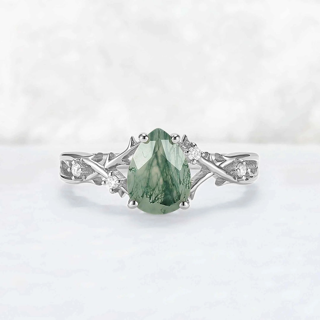 Unique Pear Cut Moss Agate Moissanite Vine Engagement Ring