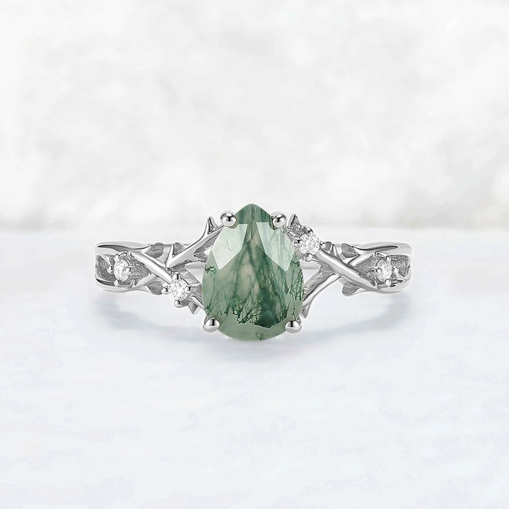Unique Pear Cut Moss Agate Moissanite Vine Engagement Ring