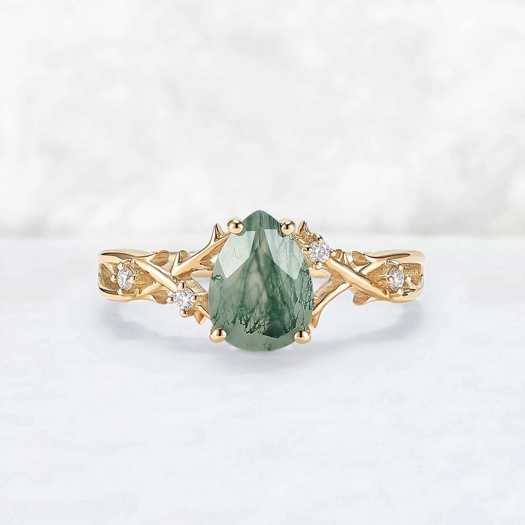 Unique Pear Cut Moss Agate Moissanite Vine Engagement Ring