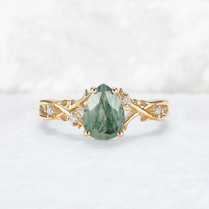 Unique Pear Cut Moss Agate Moissanite Vine Engagement Ring