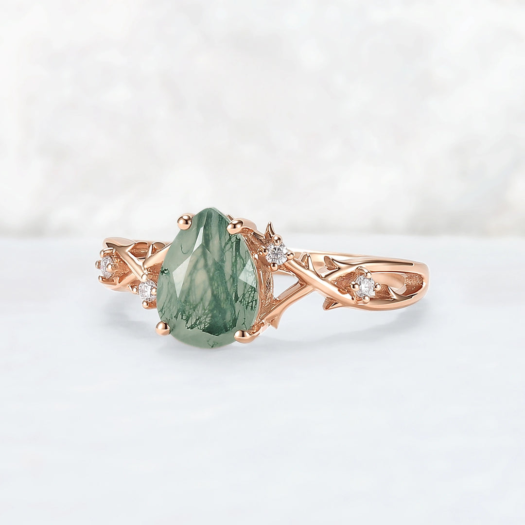 Unique Pear Cut Moss Agate Moissanite Vine Engagement Ring