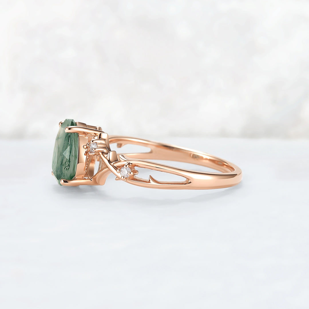 Unique Pear Cut Moss Agate Moissanite Vine Engagement Ring