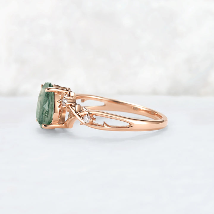 Unique Pear Cut Moss Agate Moissanite Vine Engagement Ring