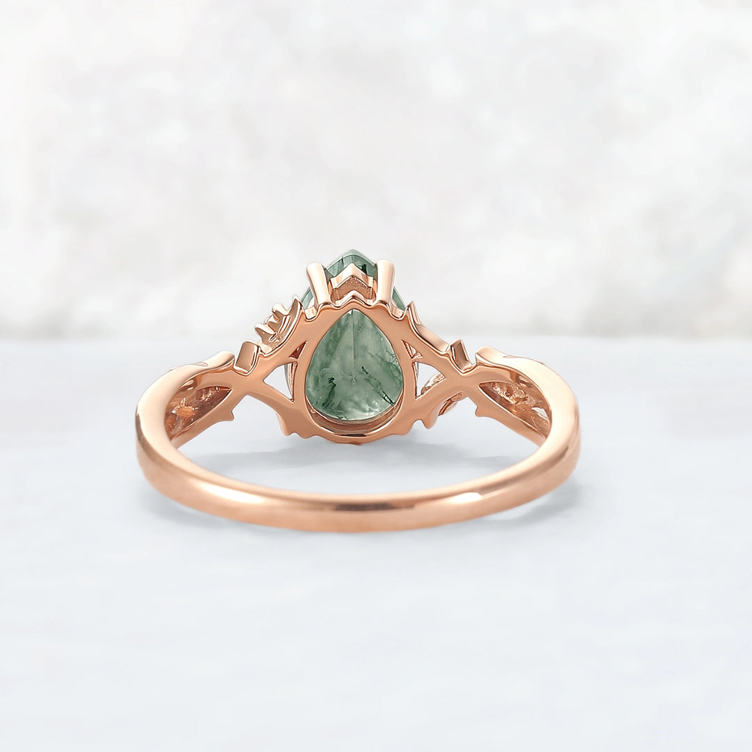 Unique Pear Cut Moss Agate Moissanite Vine Engagement Ring