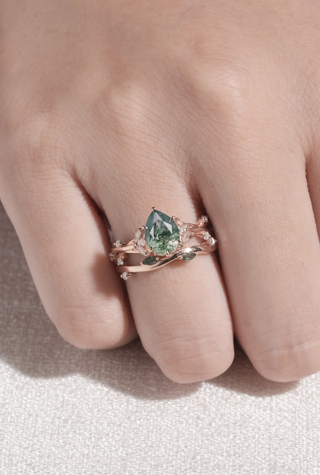 Unique Pear Cut Moss Agate Moissanite Vine Gemstone Ring Set 2pcs
