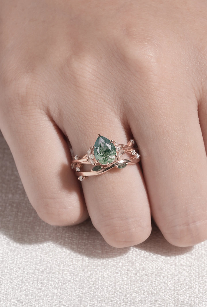 Unique Pear Cut Moss Agate Moissanite Vine Gemstone Ring Set 2pcs