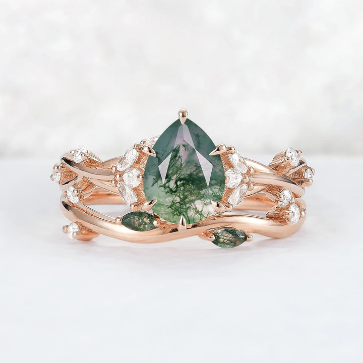 Unique Pear Cut Moss Agate Moissanite Vine Gemstone Ring Set 2pcs
