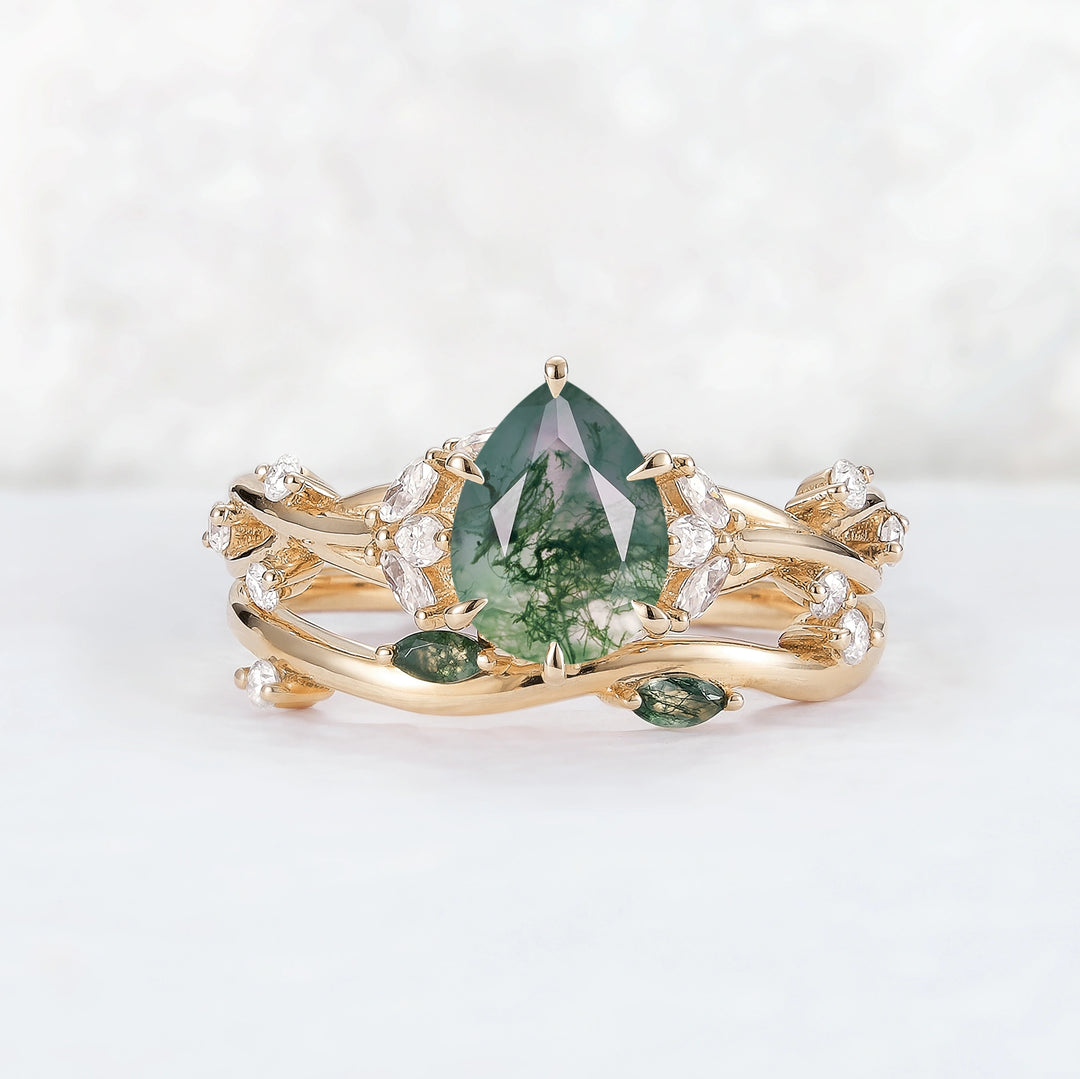 Unique Pear Cut Moss Agate Moissanite Vine Gemstone Ring Set 2pcs