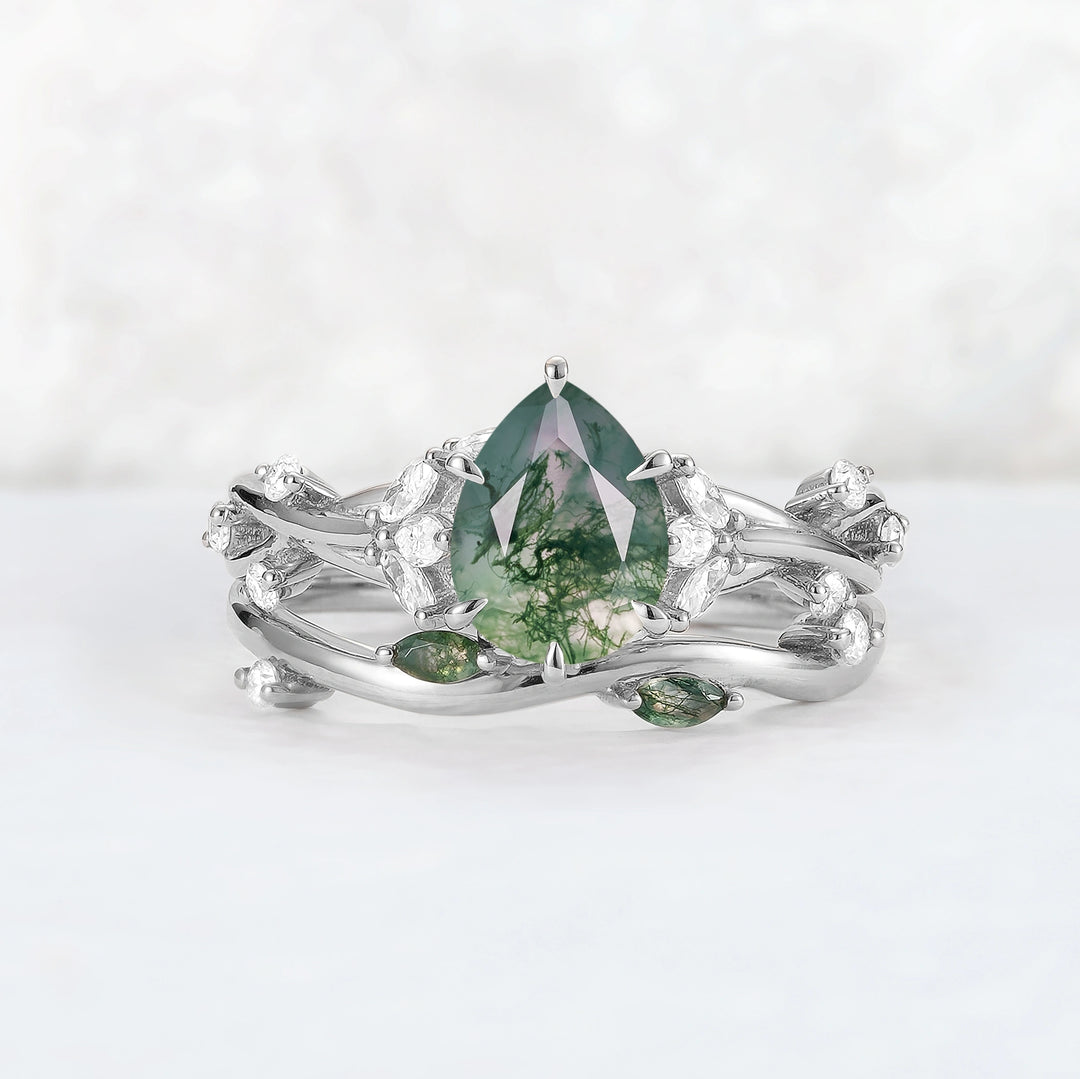 Unique Pear Cut Moss Agate Moissanite Vine Gemstone Ring Set 2pcs