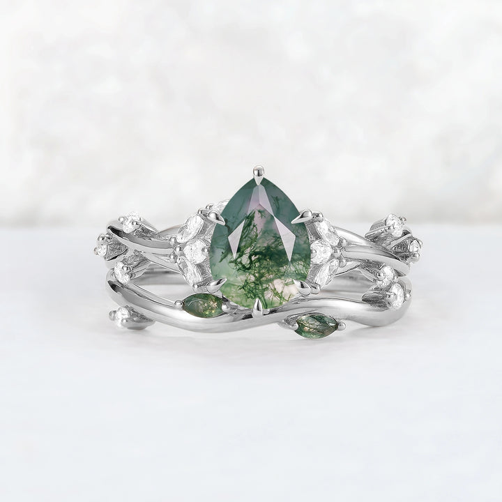 Unique Pear Cut Moss Agate Moissanite Vine Gemstone Ring Set 2pcs