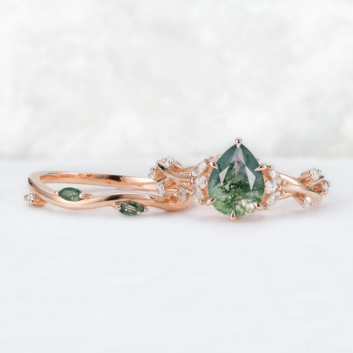Unique Pear Cut Moss Agate Moissanite Vine Gemstone Ring Set 2pcs