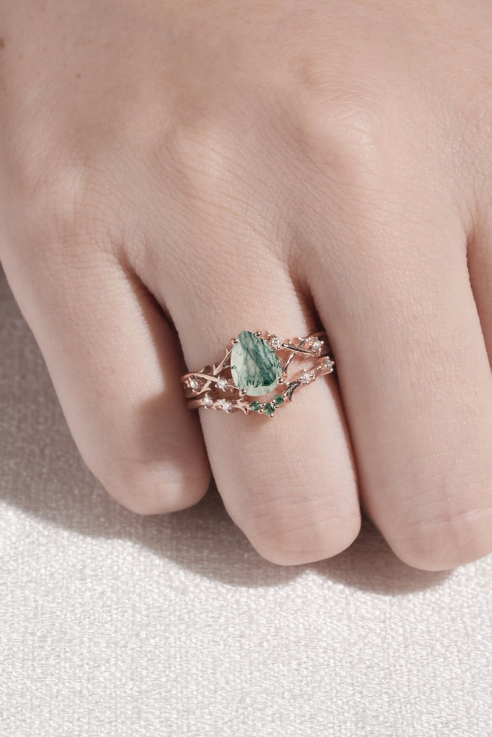 Unique Pear Cut Moss Agate Moissanite Vine Ring Set 2pcs