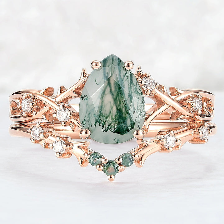 Unique Pear Cut Moss Agate Moissanite Vine Ring Set 2pcs