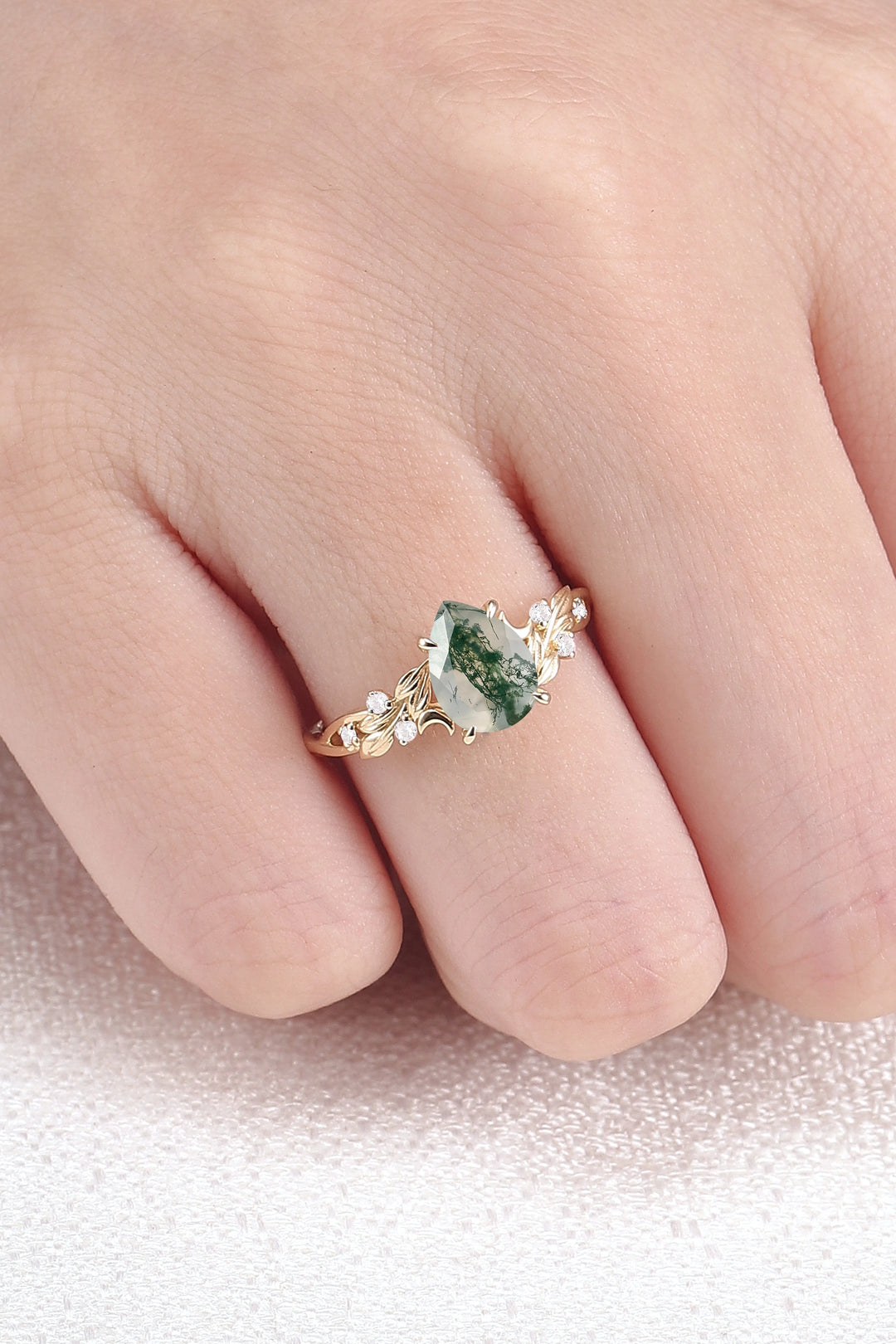 Unique Pear Cut Moss Agate Moon Style Gemstone Ring
