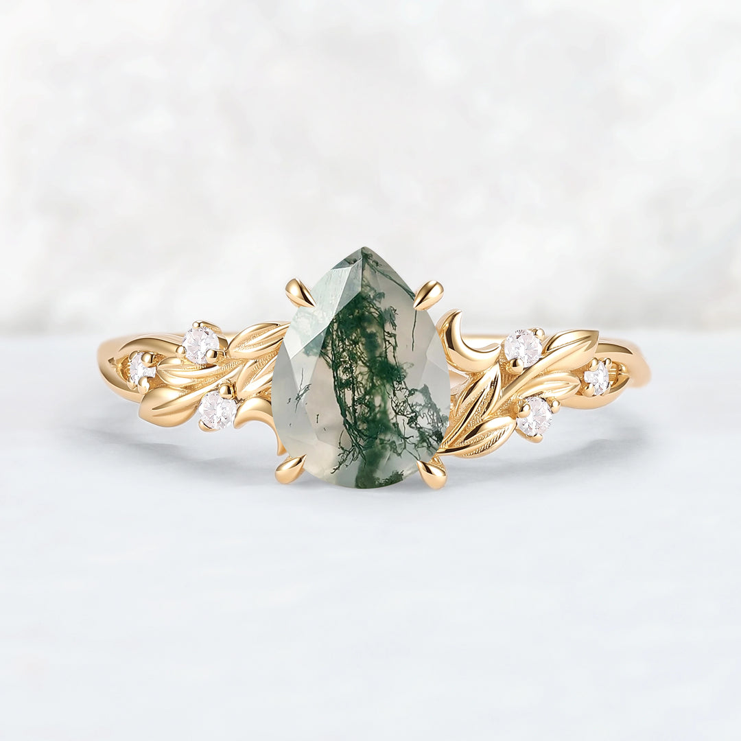 Unique Pear Cut Moss Agate Moon Style Gemstone Ring