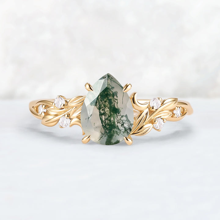 Unique Pear Cut Moss Agate Moon Style Gemstone Ring