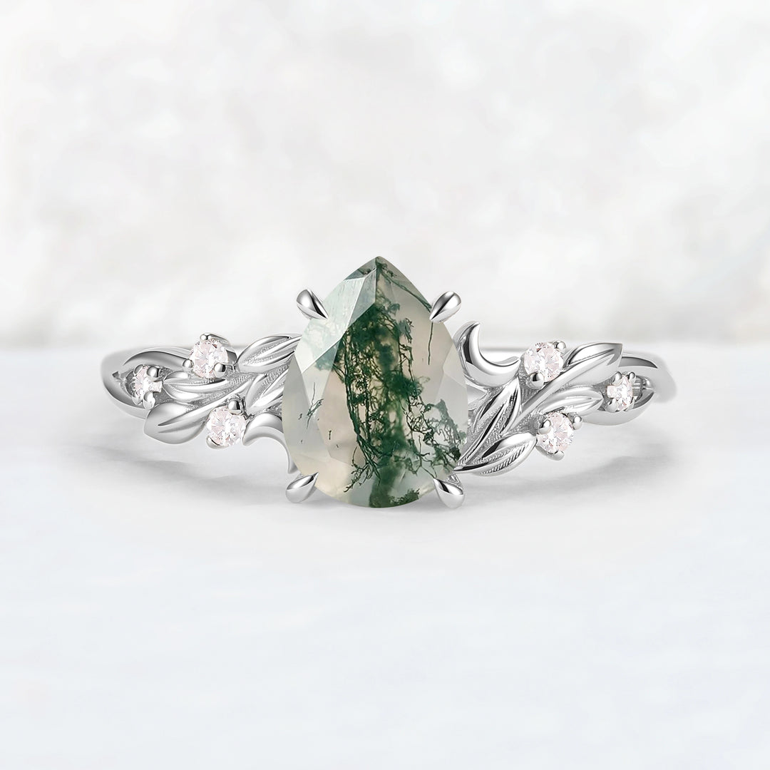 Unique Pear Cut Moss Agate Moon Style Gemstone Ring