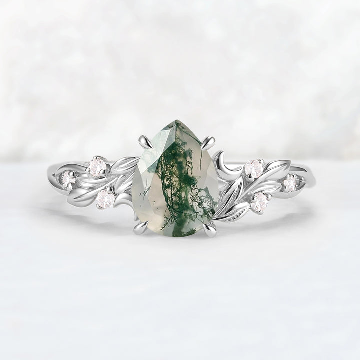Unique Pear Cut Moss Agate Moon Style Gemstone Ring